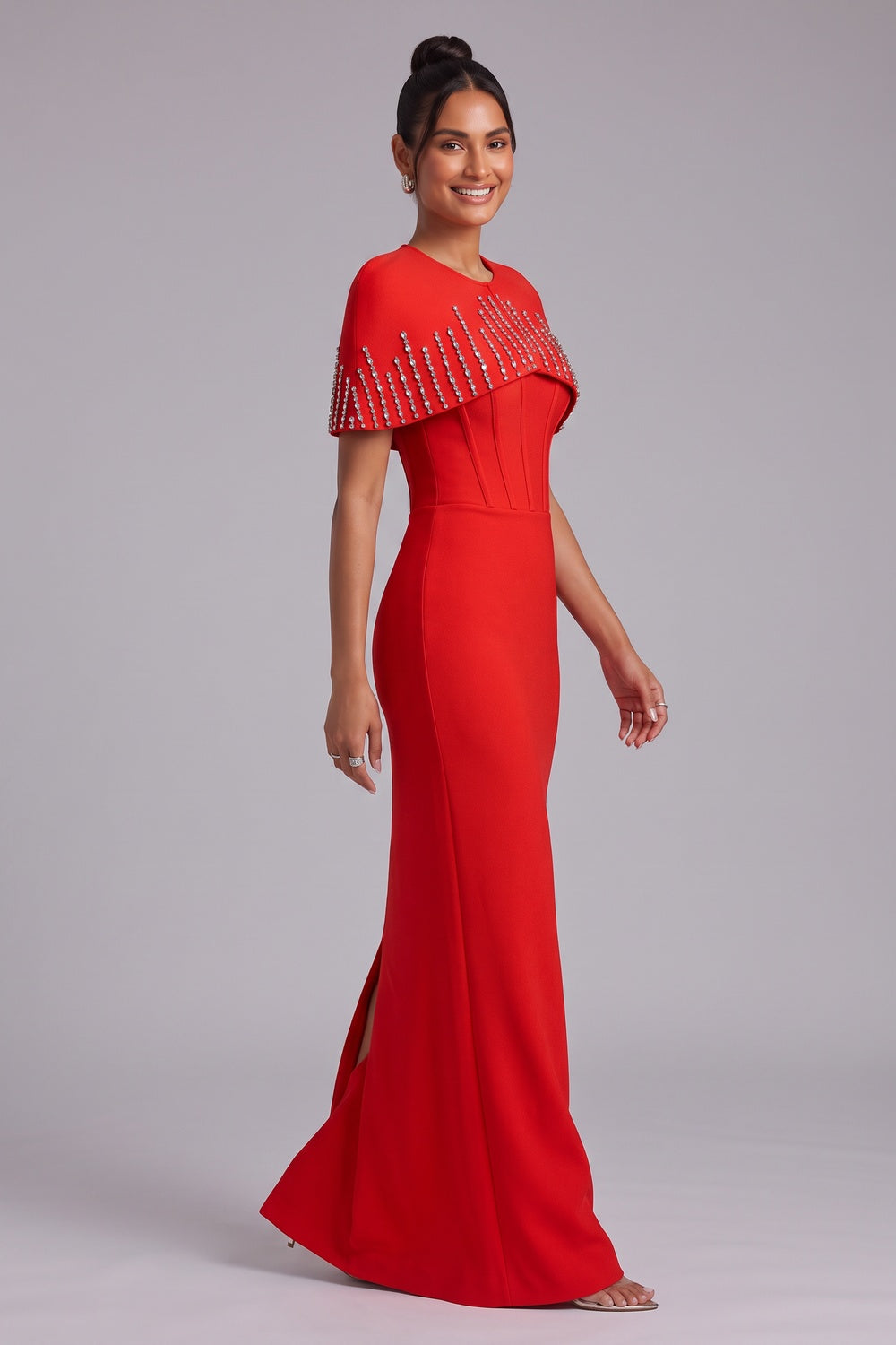 bright red heavy crepe column maxi dress with capelet bright red heavy crepe maxi dress with capelet - product view 3