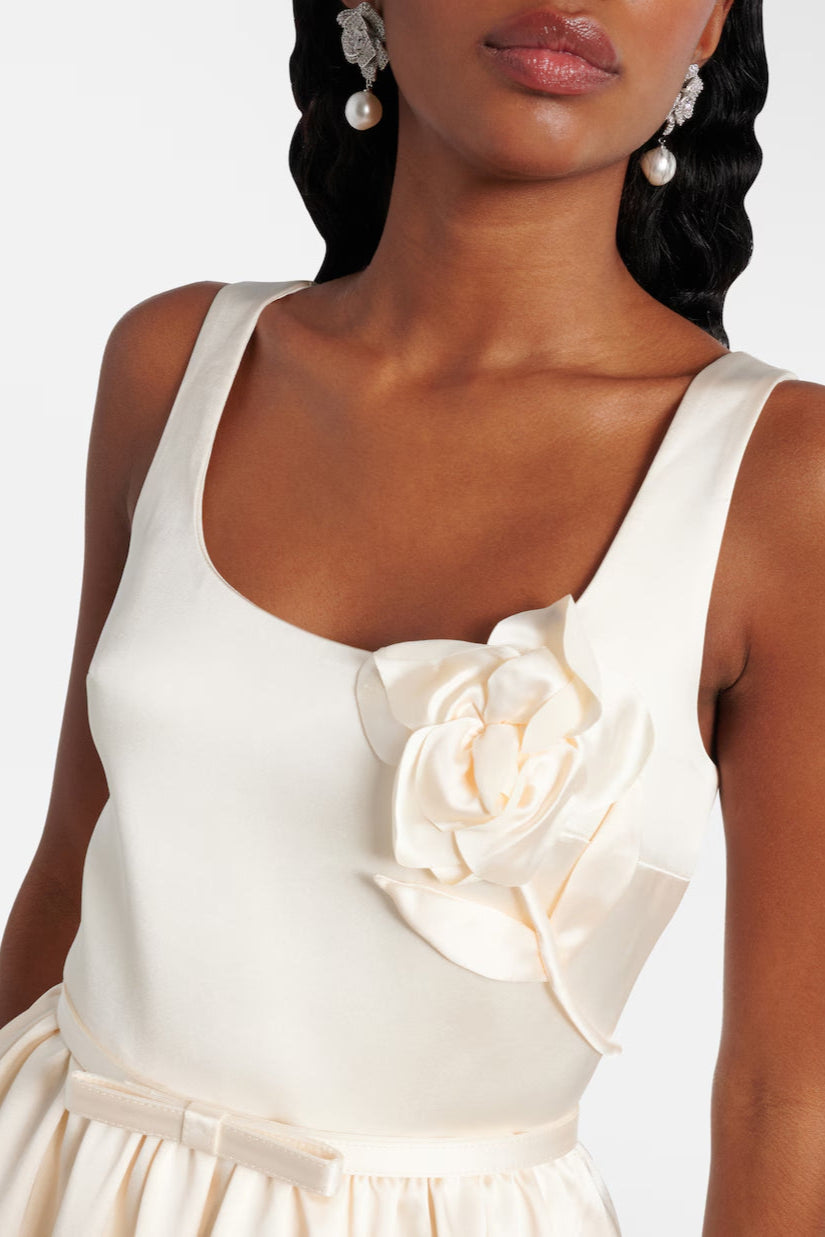 polly floral-appliqué satin midi dress in ivory