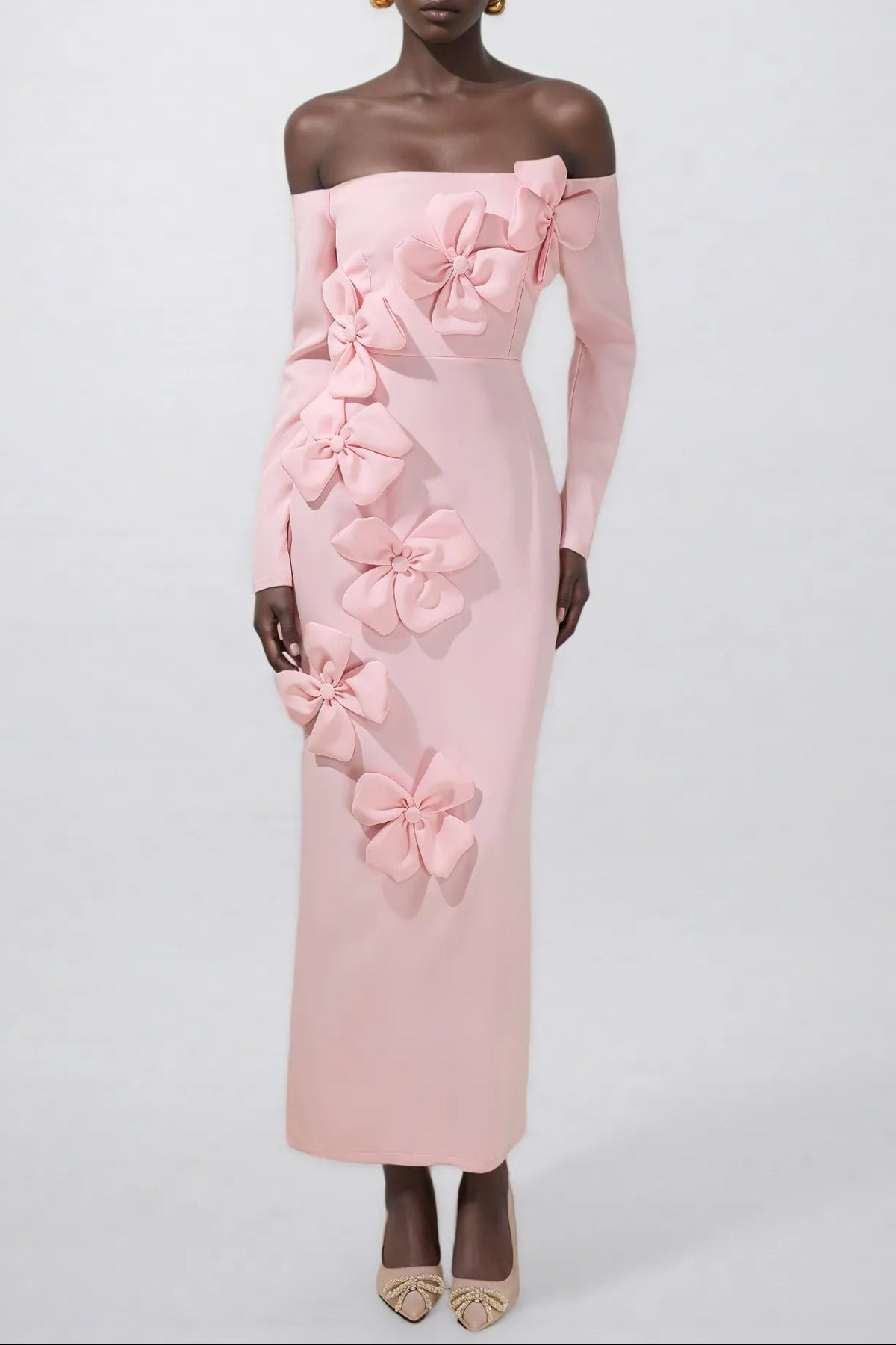 hilary Pink 3D Flower long sleeve strapless Midi Dress