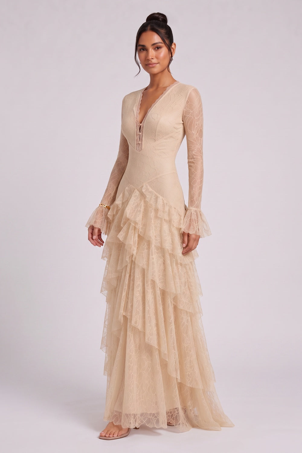 beige delicate floral lace fitted bodice with tiered flared skirt gown beige, champagne delicate floral lace gown - product view 4