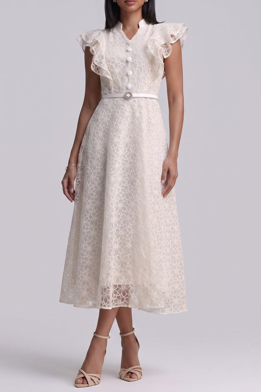 Mandarin Collar Ruffle Sleeve Floral Lace Midi Dress With Belt