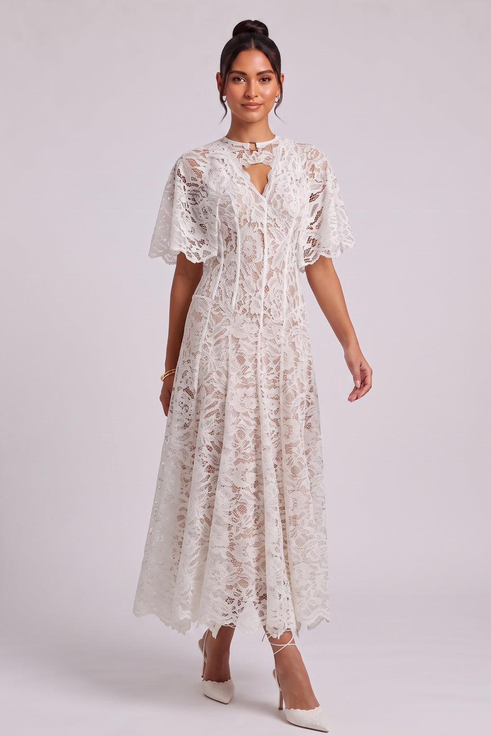 White Floral Lace A-Line Midi Dress with Keyhole Neckline white floral lace dress - product view 3