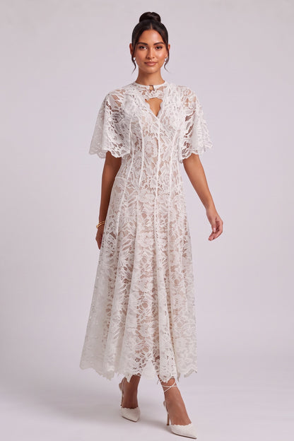 White Floral Lace A-Line Midi Dress with Keyhole Neckline white floral lace dress - product view 3