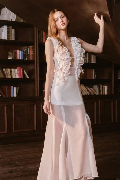 charlotte Pleat Ruffle Maxi Dress in white