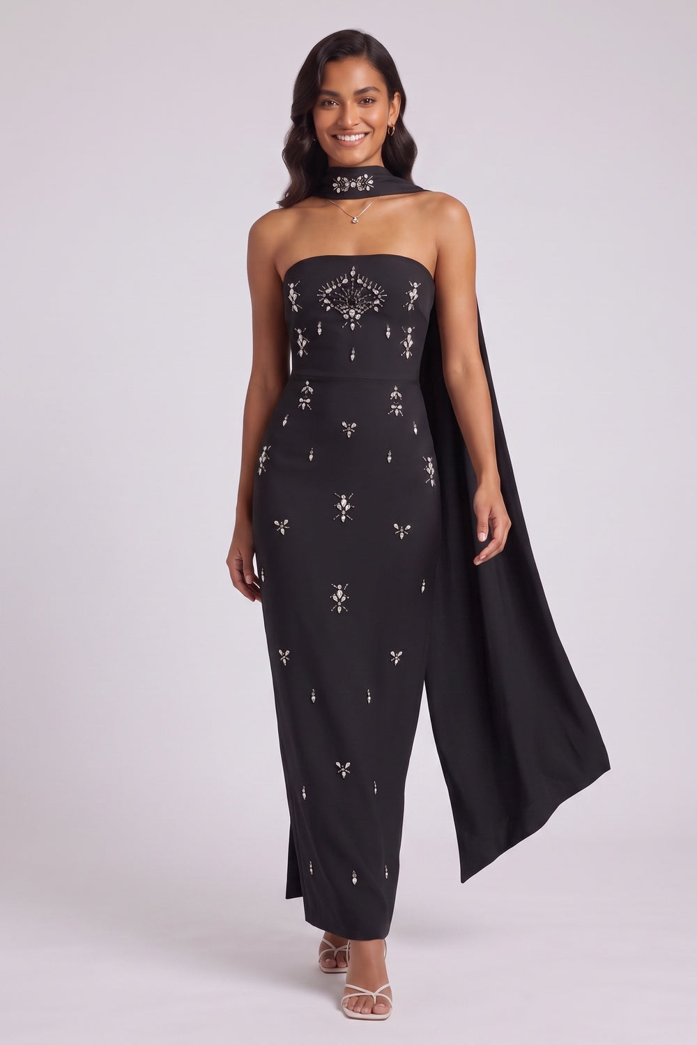 Black Crepe Column Maxi Dress with Silver Embellishment and Cape Detail black crepe maxi dress - product view 4