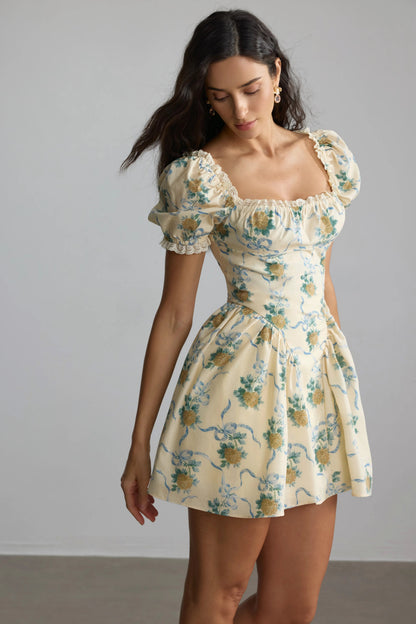 beverly Floral Print Square Neck Mini Dress in yellow