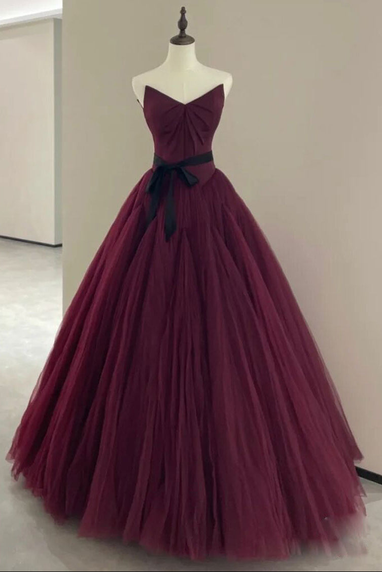 A line burgundy tulle dress