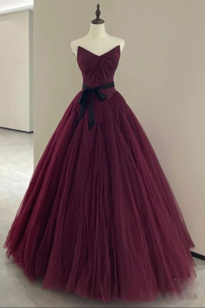 A line burgundy tulle dress