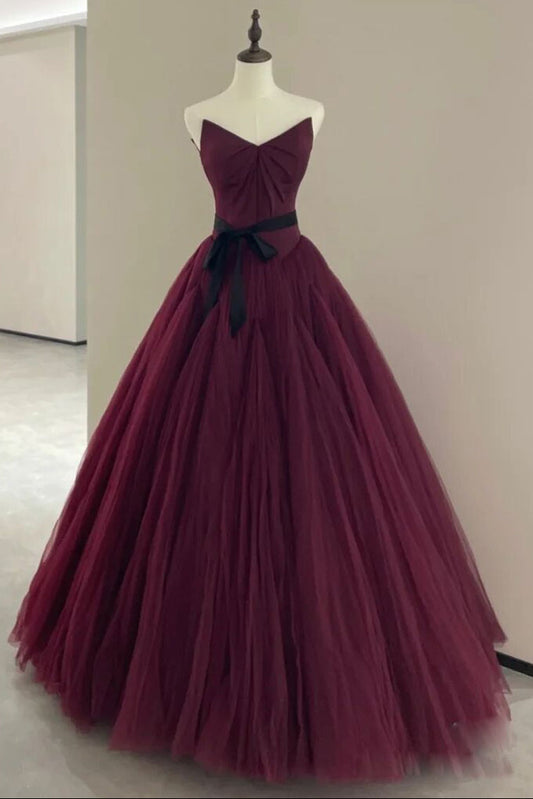 A line burgundy tulle dress