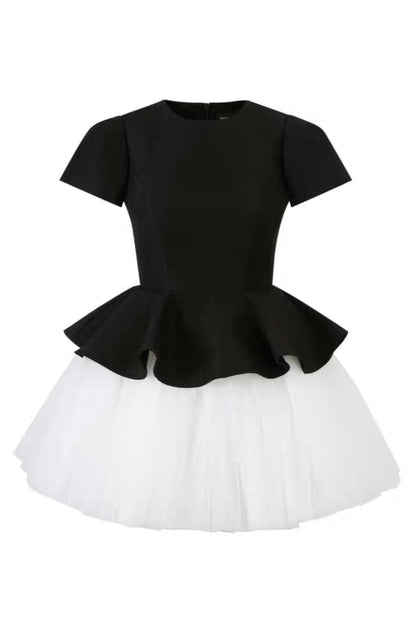 two-tone Velvet ruffle hem puffy mini dress