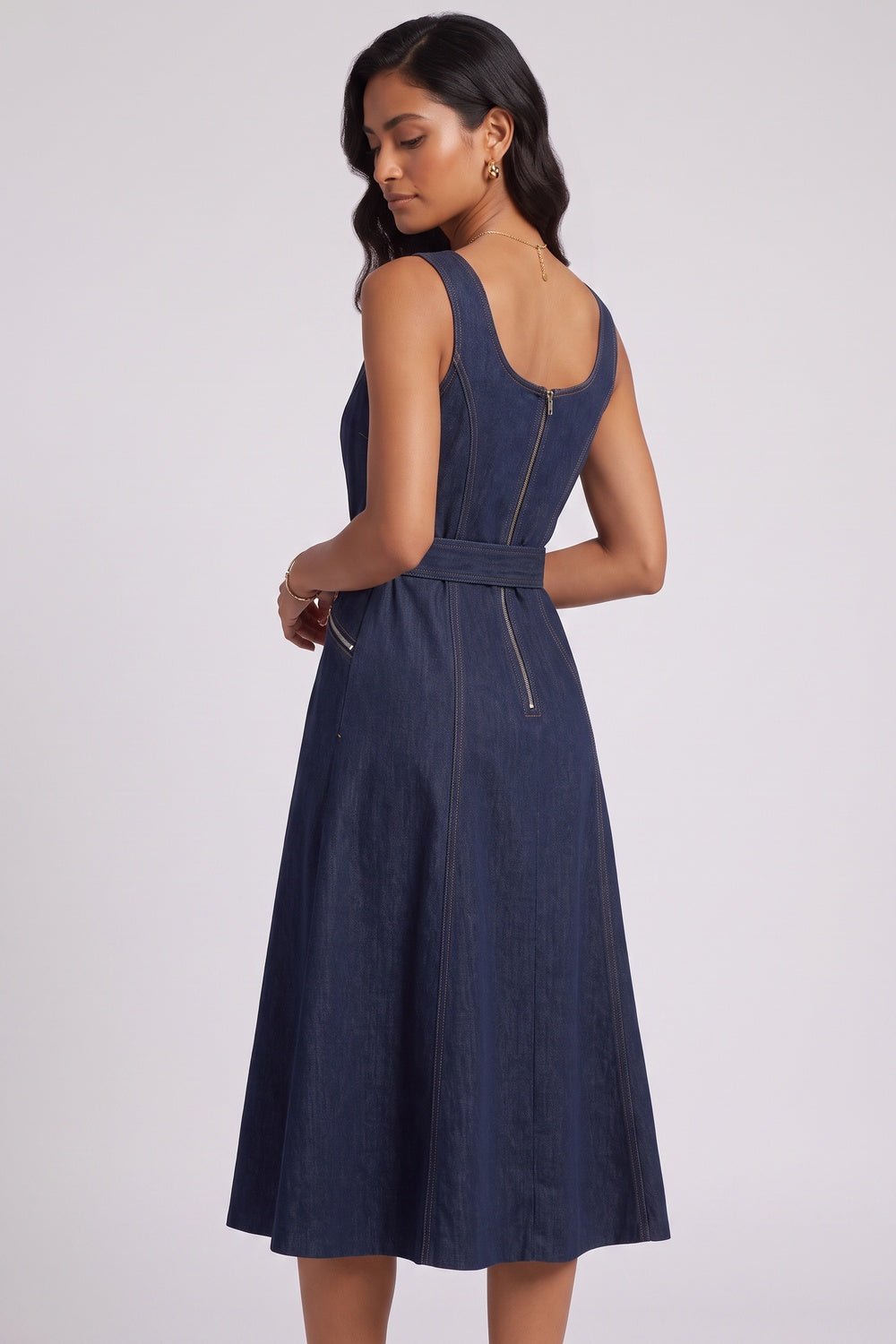 Dark Blue Denim Fit-and-Flare Midi Dress dark blue denim dress - product view 2