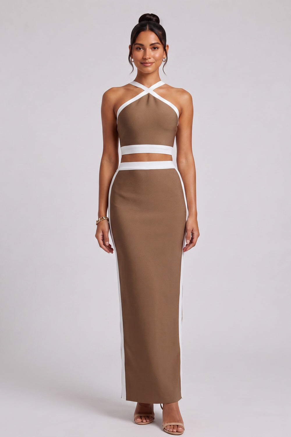 Brown Structured Knit Two-Piece Set with Criss-Cross Halter Crop Top and Maxi Skirt brown structured knit two-piece set (crop top and maxi skirt) - product view 1