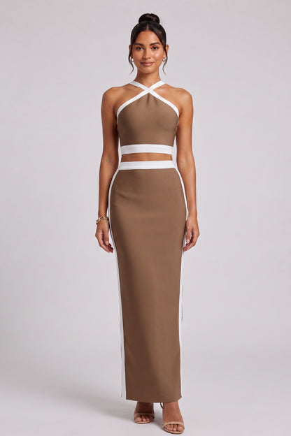 Brown Structured Knit Two-Piece Set with Criss-Cross Halter Crop Top and Maxi Skirt brown structured knit two-piece set (crop top and maxi skirt) - product view 1
