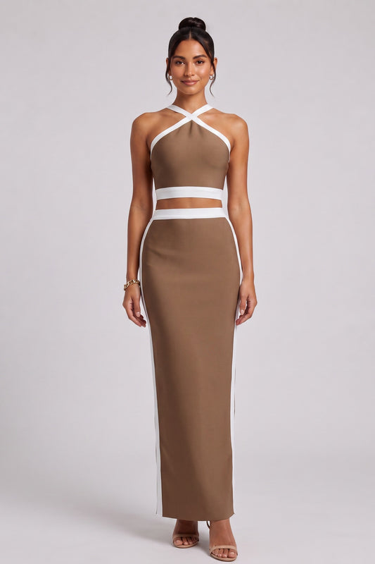 Brown Structured Knit Two-Piece Set with Criss-Cross Halter Crop Top and Maxi Skirt brown structured knit two-piece set (crop top and maxi skirt) - product view 1