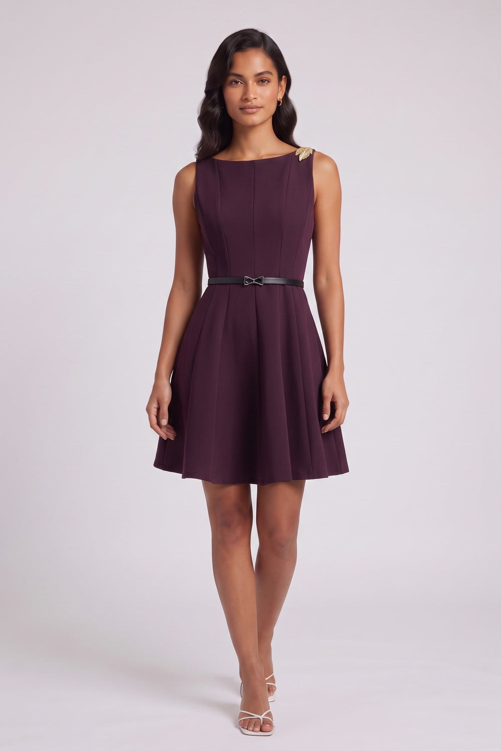 Deep Plum Structured Crepe Fit-and-Flare Mini Dress deep plum structured crepe dress - product view 3