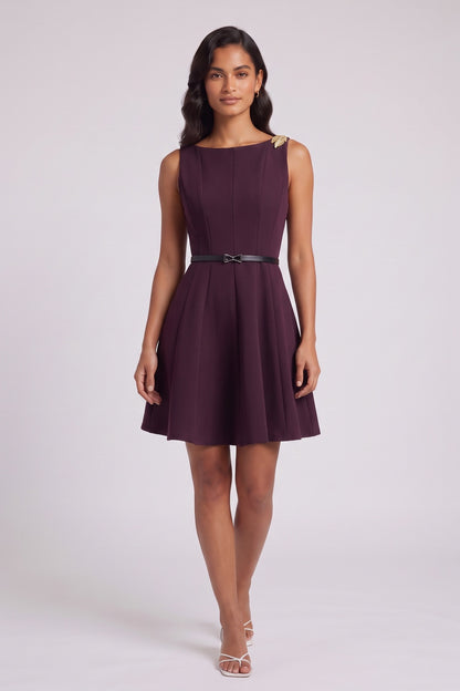 Deep Plum Structured Crepe Fit-and-Flare Mini Dress deep plum structured crepe dress - product view 3
