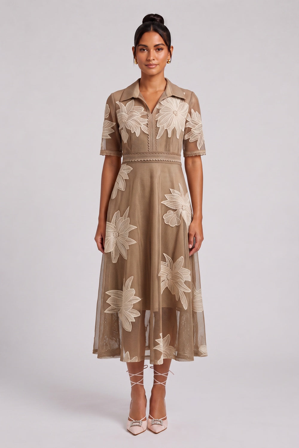 Taupe Fine Mesh Tulle A-Line Midi Dress with Floral Applique taupe, brown fine mesh tulle dress - product view 1