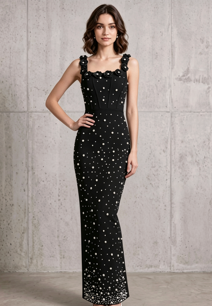 Black Heavyweight Stretch Knit Column Maxi Dress with Pearl Embellishments