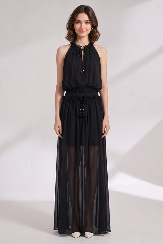 Black Chiffon A-Line Blouson Maxi Dress black chiffon maxi dress - product view 1