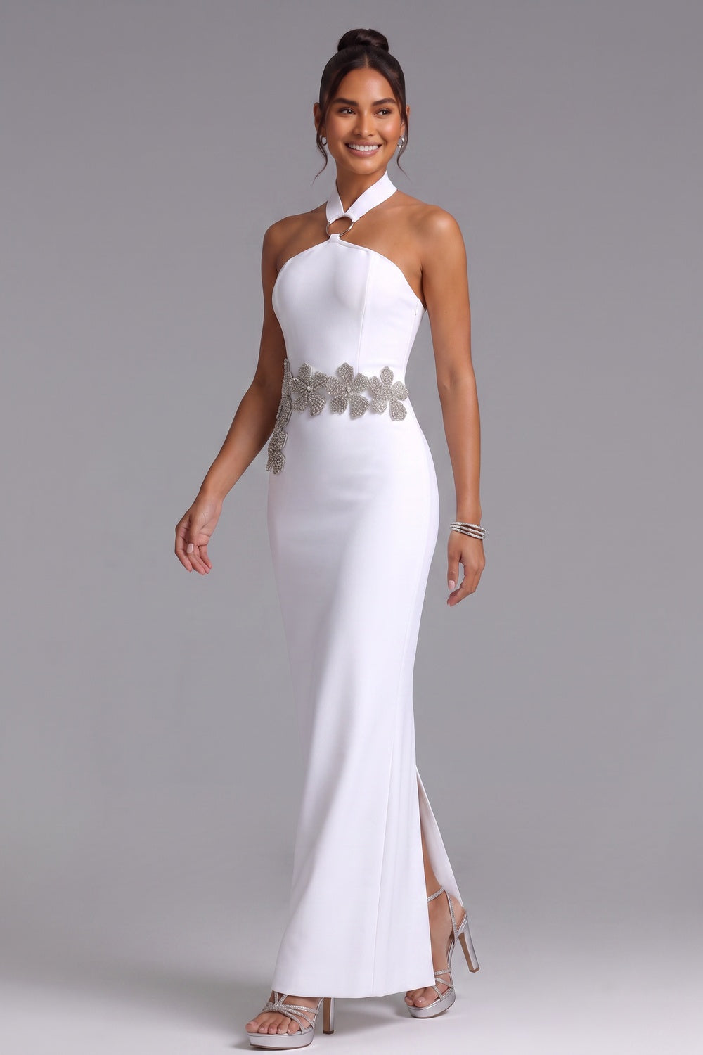 White Crepe Column Gown with Silver Floral Embellishment white crepe gown - product view 3