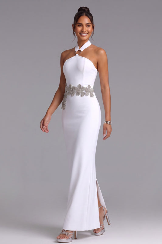 White Crepe Column Gown with Silver Floral Embellishment white crepe gown - product view 3