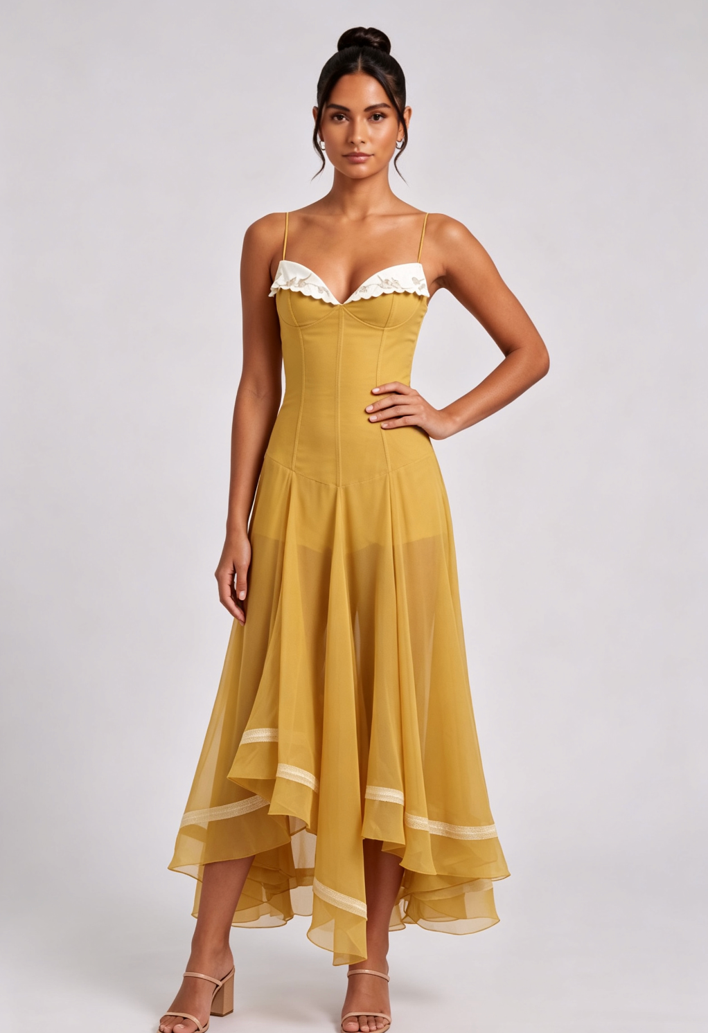 Mustard Yellow Sheer Chiffon Fit-and-Flare Midi Dress with White Scalloped Collar