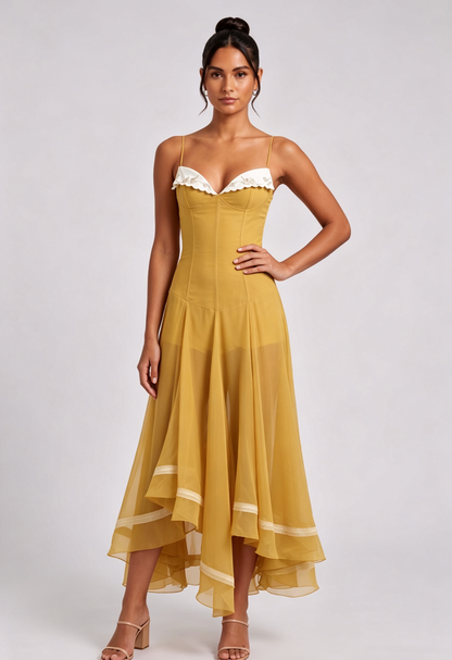 Mustard Yellow Sheer Chiffon Fit-and-Flare Midi Dress with White Scalloped Collar