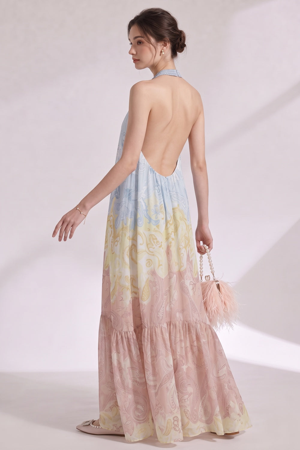 Pastel Ombré Chiffon Halter Tiered Maxi Dress pastel blue, pastel yellow, dusty rose pink chiffon dress - product view 3