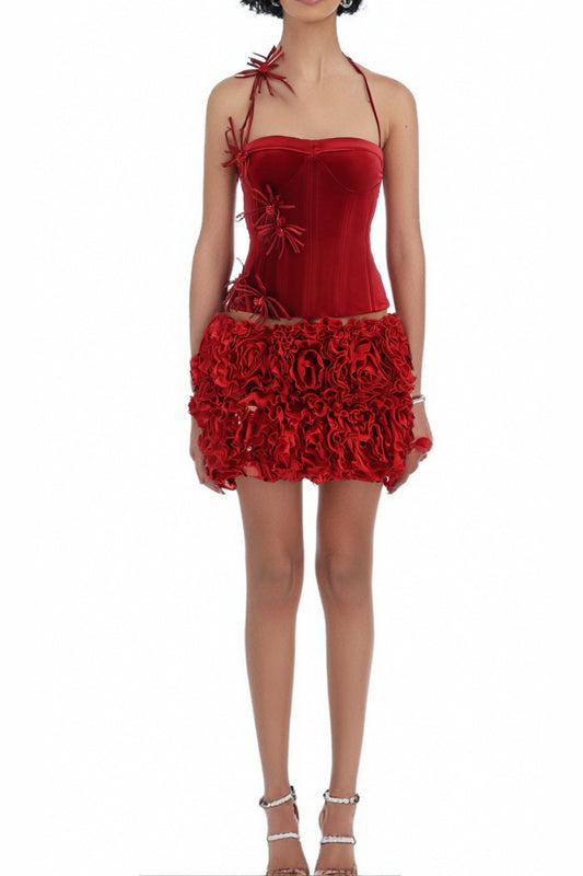 corset floral mini skirt suit in red