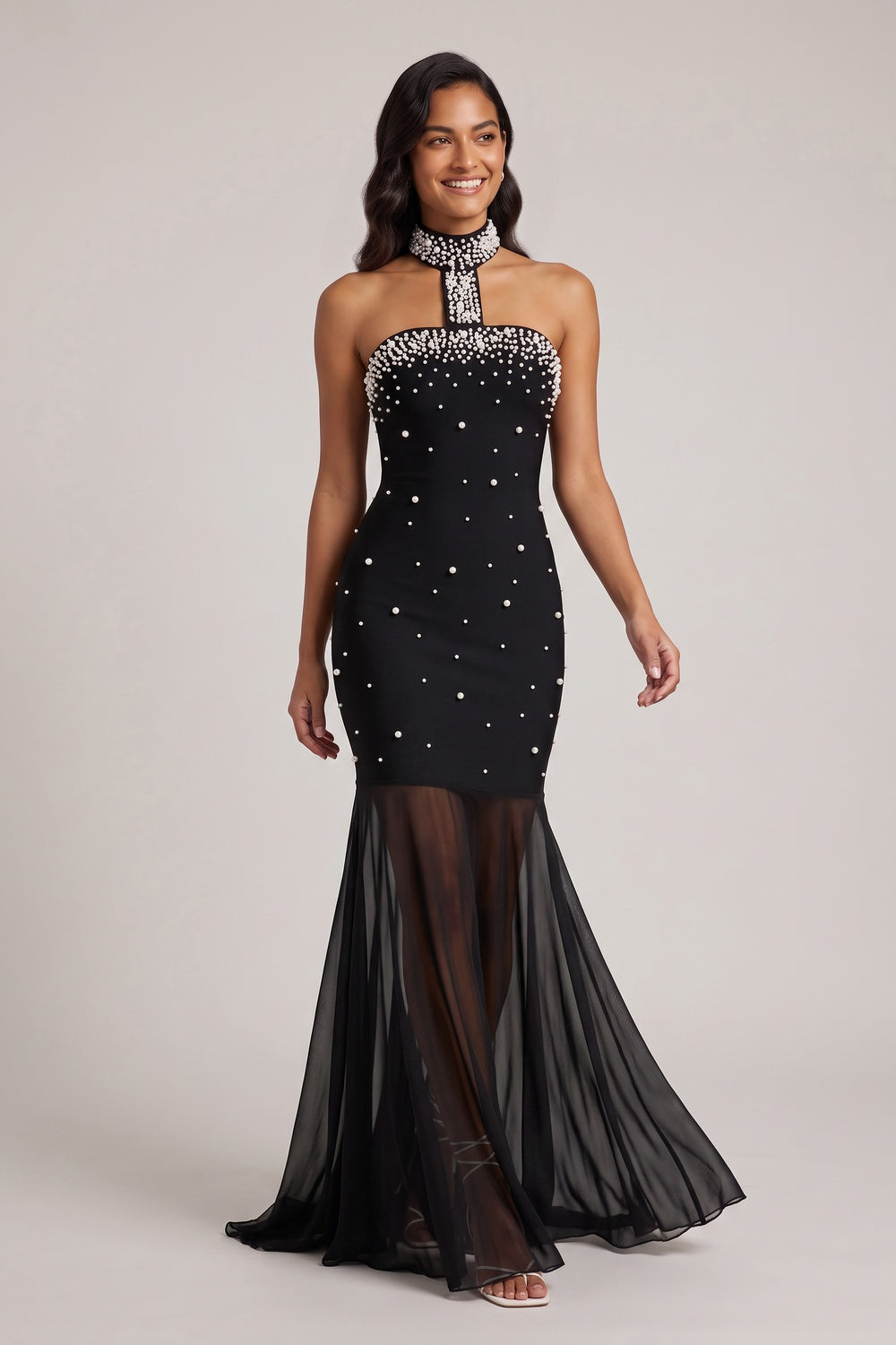 Black Pearl-Embellished Halter Mermaid Gown Premium Fabric - product view 3