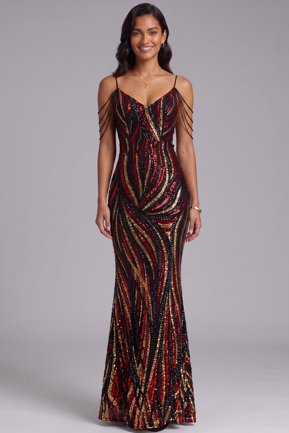 Sequin Cold Shoulder Floor-Length Gown Premium Fabric - product view 4