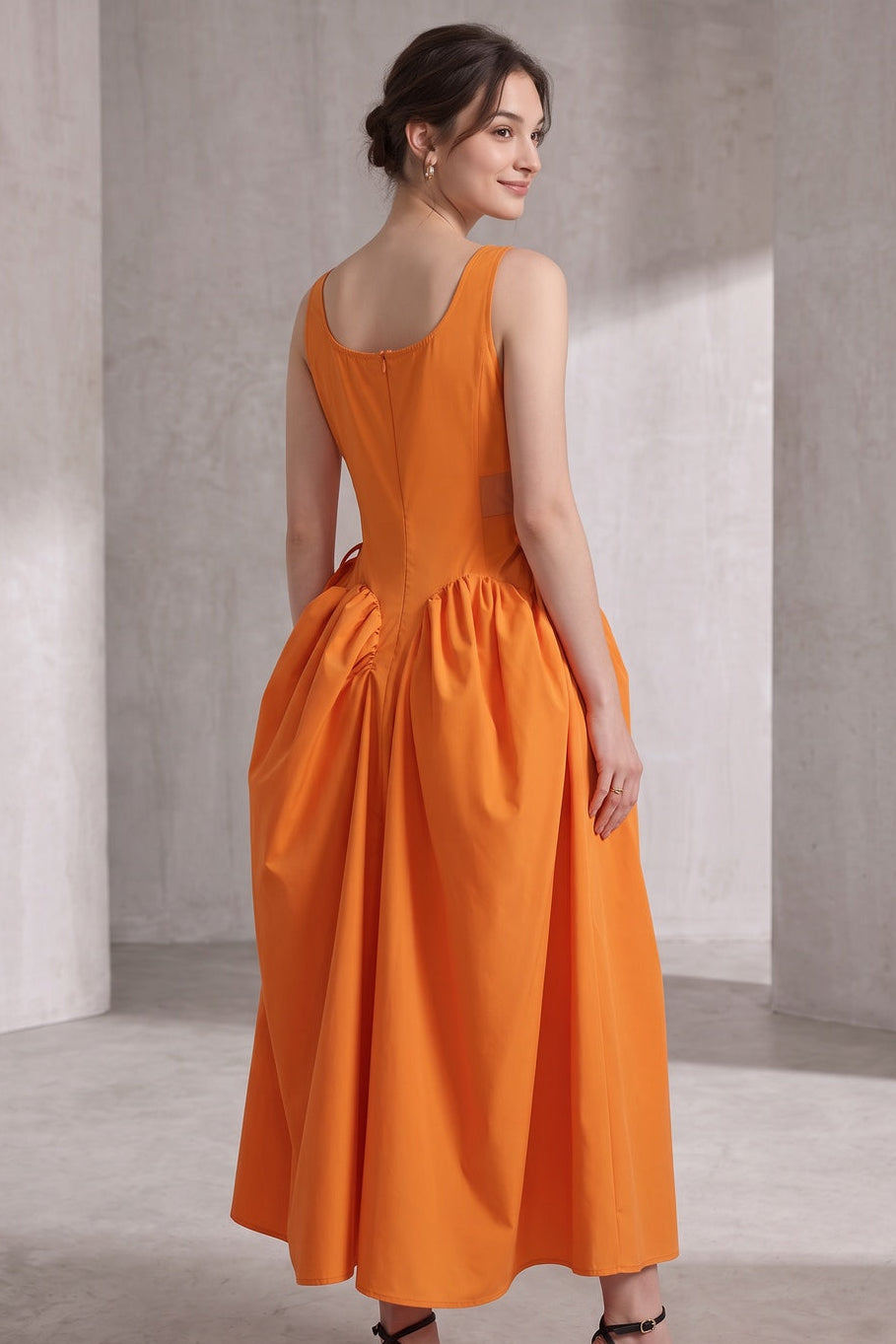 Bright Orange Fit-and-Flare Balloon Skirt Midi Dress bright orange cotton poplin or structured taffeta dress - product view 4
