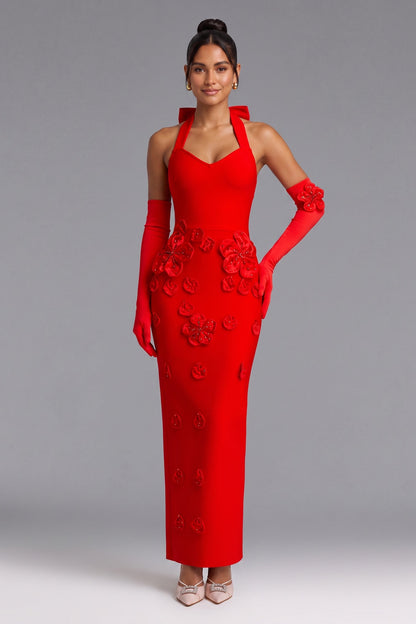 Red Halter Neck Floor-Length Gown with 3D Floral Embellishments Premium Fabric - product view 4