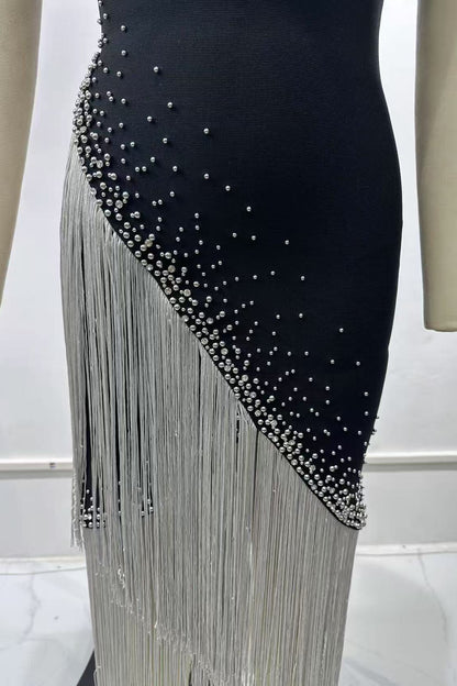 Off Shoulder Rhinestone Diagonal Fringe Midi Bandage Dress