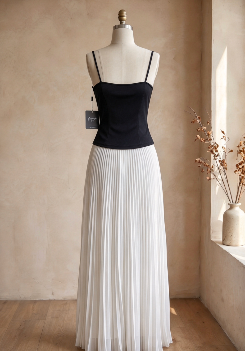 Black Embellished Corset Bodice and White Pleated Maxi Skirt Two-Piece Dress Set