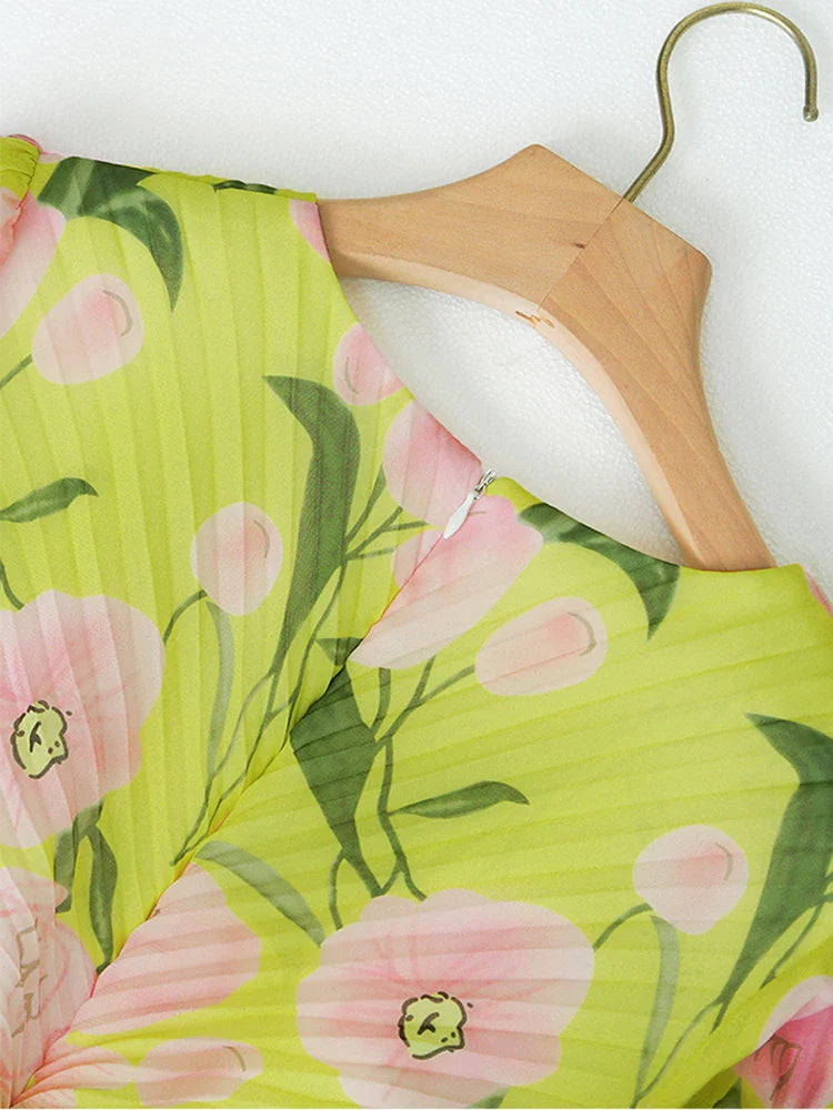V-neck silk printed pleated maxi dress in yellow