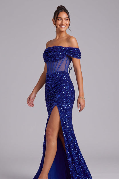Royal Blue Sequin Off-The-Shoulder Floor-Length Gown with Corset Lace-Up Back Premium Fabric - product view 4