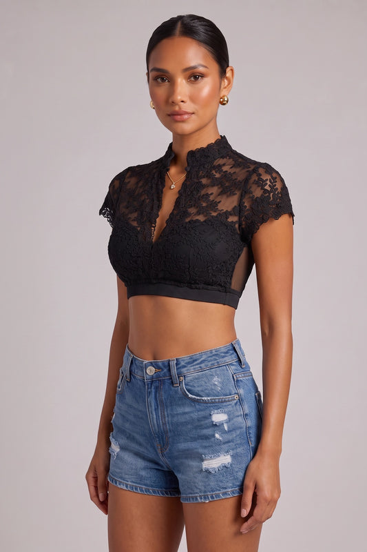 black floral lace fitted crop top black floral lace crop top - product view 2