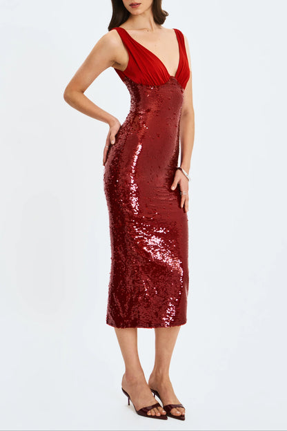 virginia Crimson Sequin Plunging Midi Dress in red