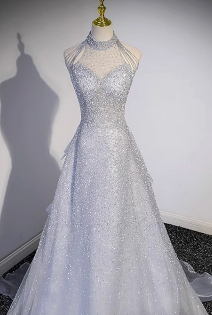 Silver Tulle A-Line Evening Gown
