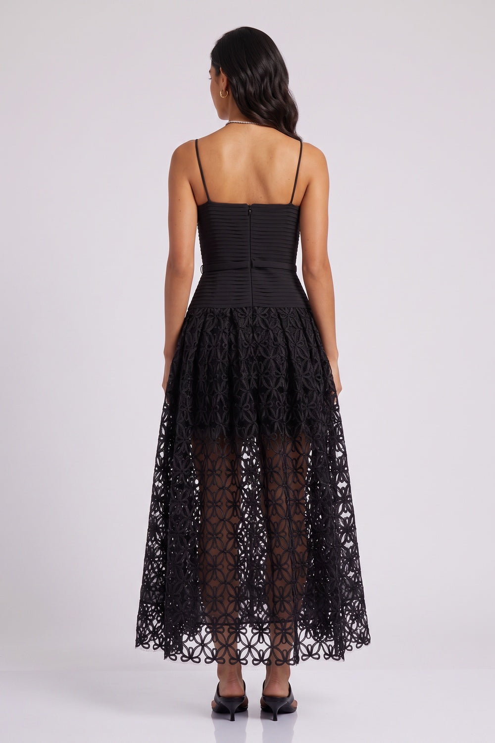 Black Spaghetti Strap Pleated Bodice Floral Cutout Lace Midi Dress