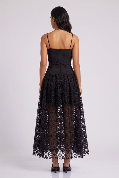 Black Spaghetti Strap Pleated Bodice Floral Cutout Lace Midi Dress