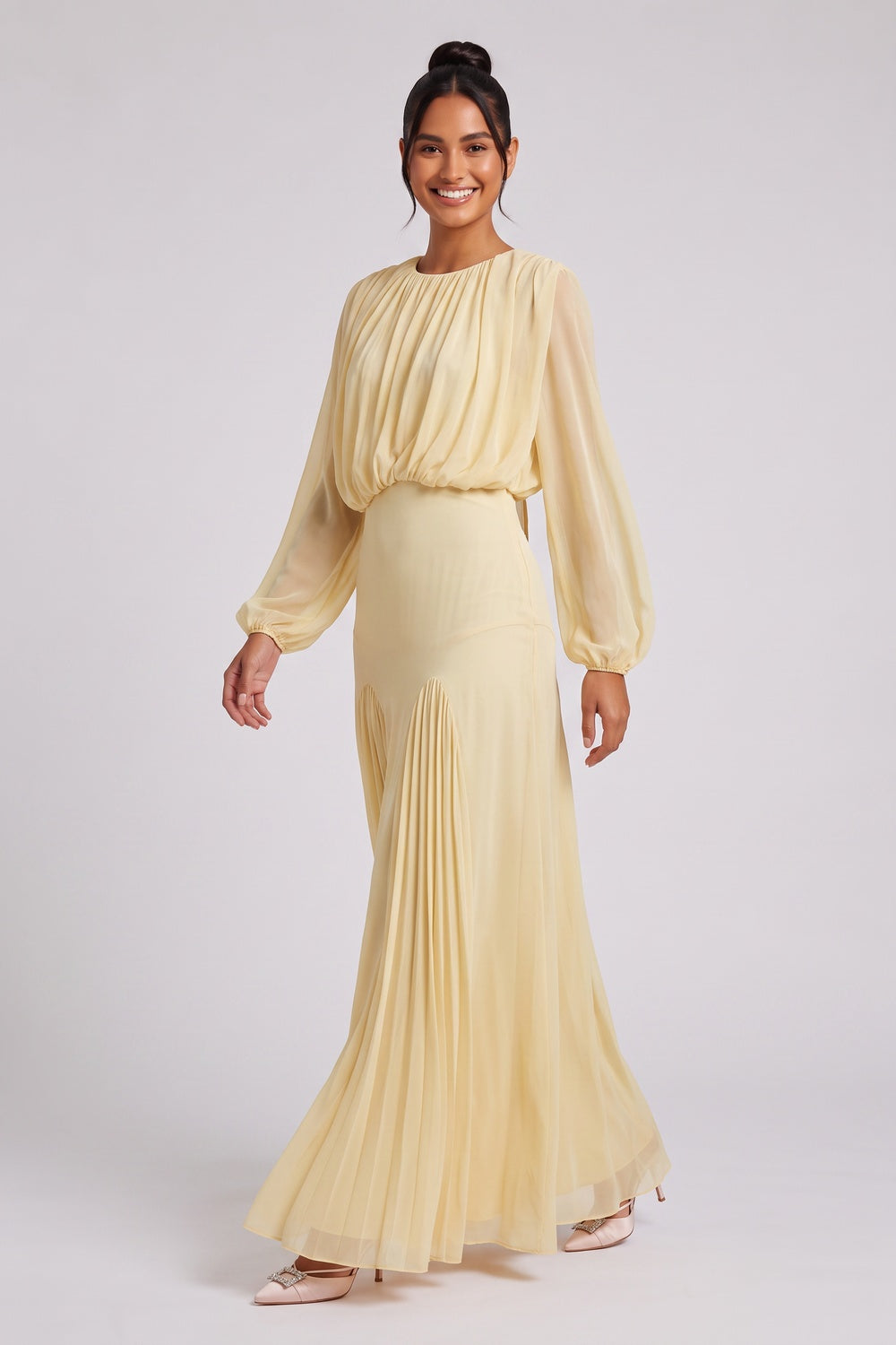 Pale Yellow Chiffon Blouson Bodice Maxi Dress pale yellow chiffon dress - product view 1