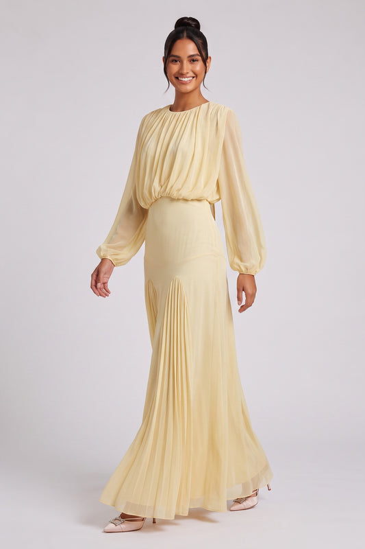 Pale Yellow Chiffon Blouson Bodice Maxi Dress pale yellow chiffon dress - product view 1