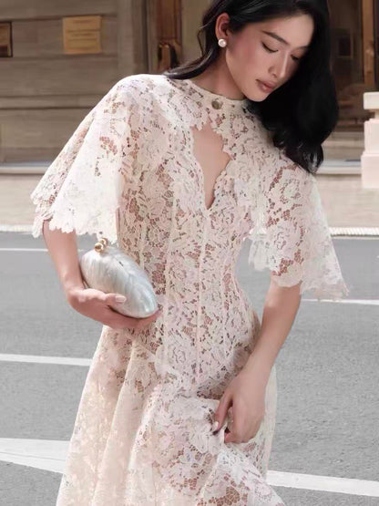 White Floral Lace A-Line Midi Dress with Keyhole Neckline