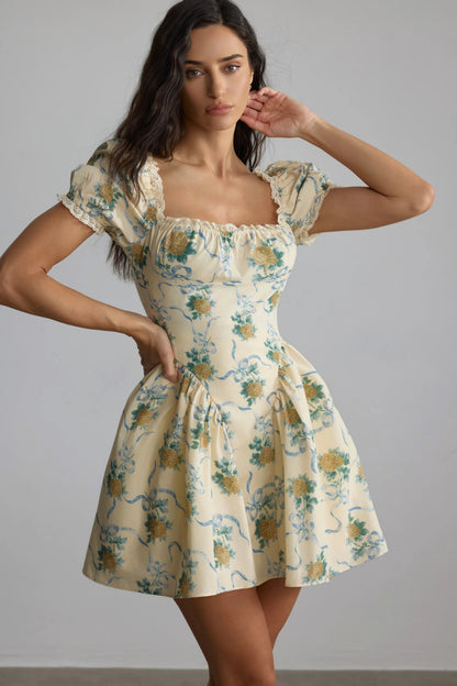 beverly Floral Print Square Neck Mini Dress in yellow