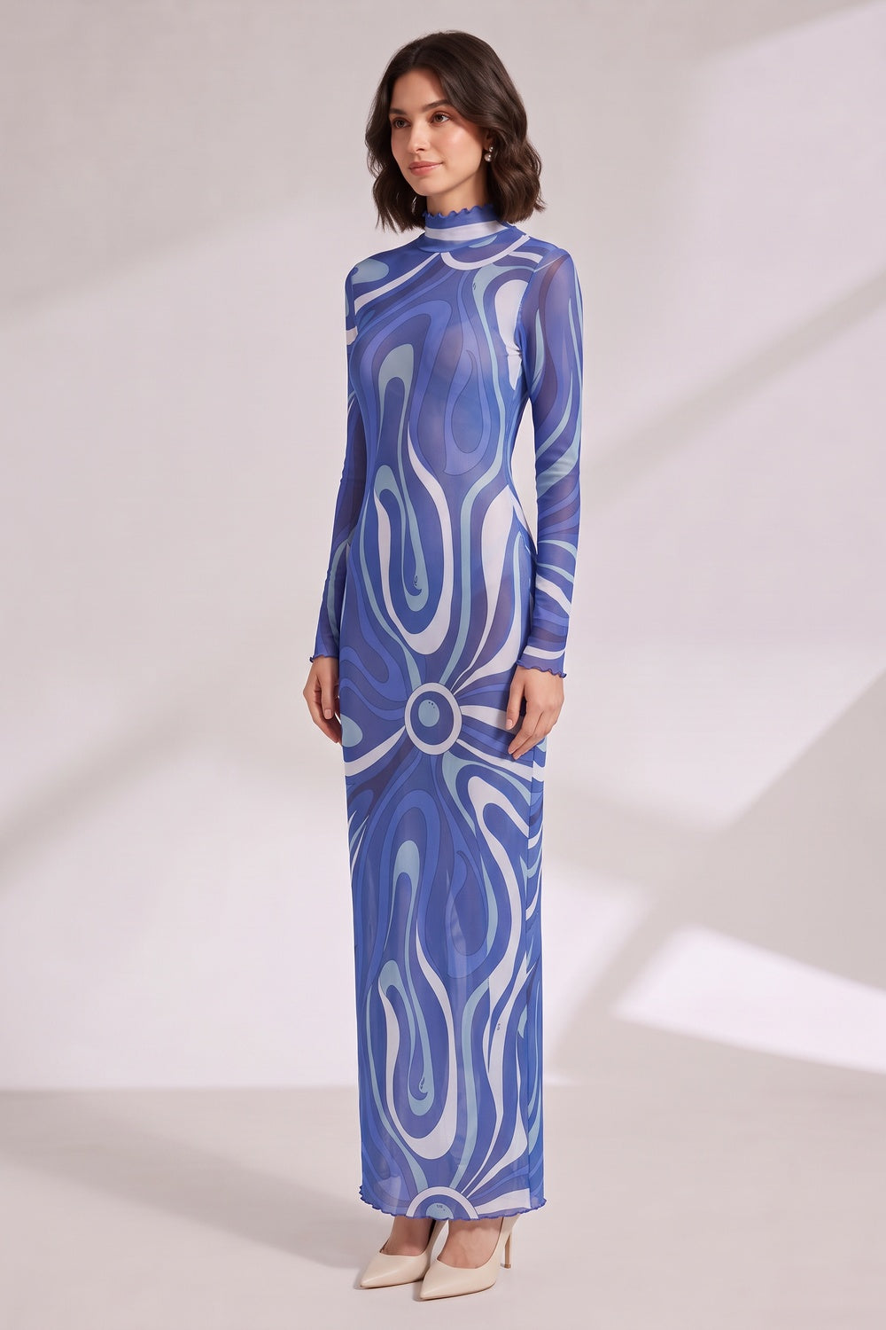 Blue Abstract Print Long Sleeve Maxi Dress Premium Fabric - product view 2