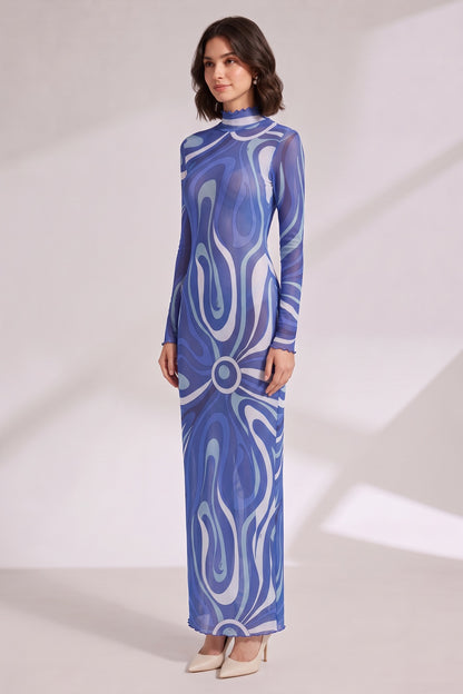 Blue Abstract Print Long Sleeve Maxi Dress Premium Fabric - product view 2
