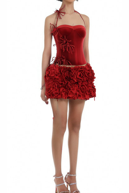 corset floral mini skirt suit in red