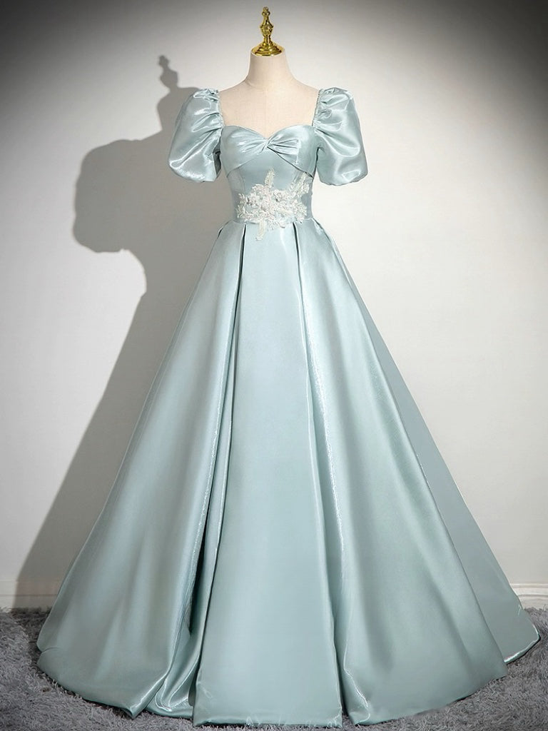 A-Line Sweetheart Neck Puff Sleeves Satin Blue Dress